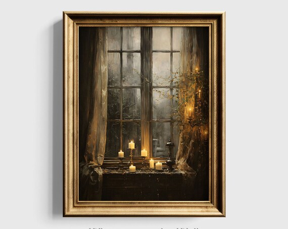 Moody Golden Candles on Rainy Window Sill Dark Academia Poster