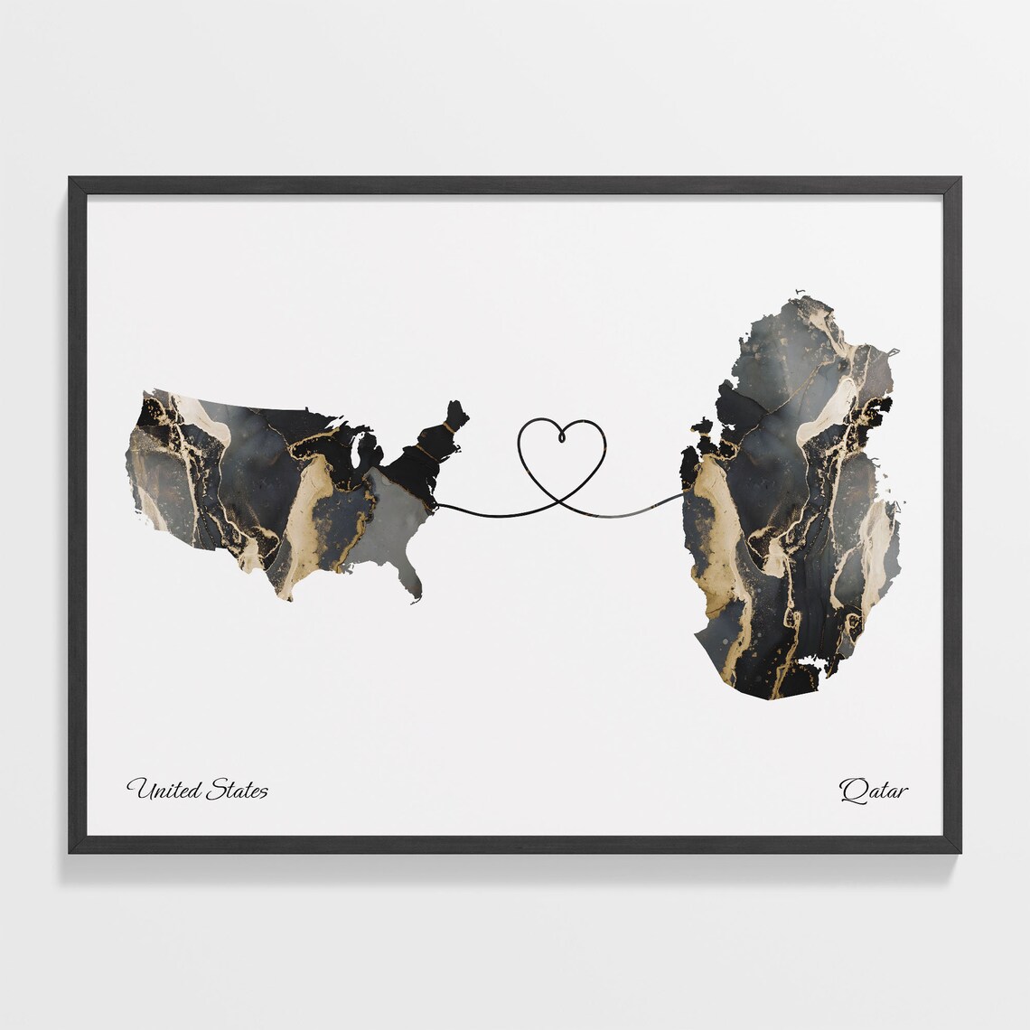 United States to Qatar Heart Connected Long Distance Marble Map Poster