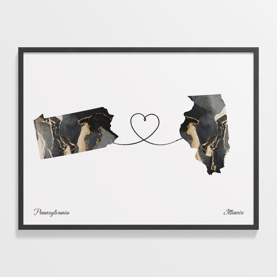 Pennsylvania to Illinois Long Distance Love Marble Map Art Poster