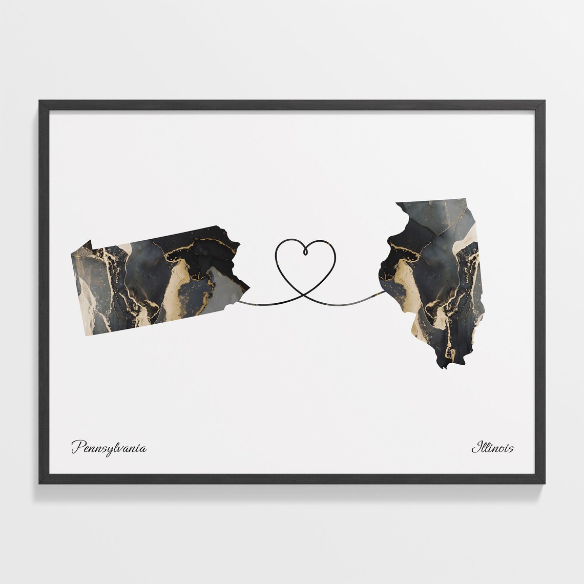 Pennsylvania to Illinois Long Distance Love Marble Map Art Poster