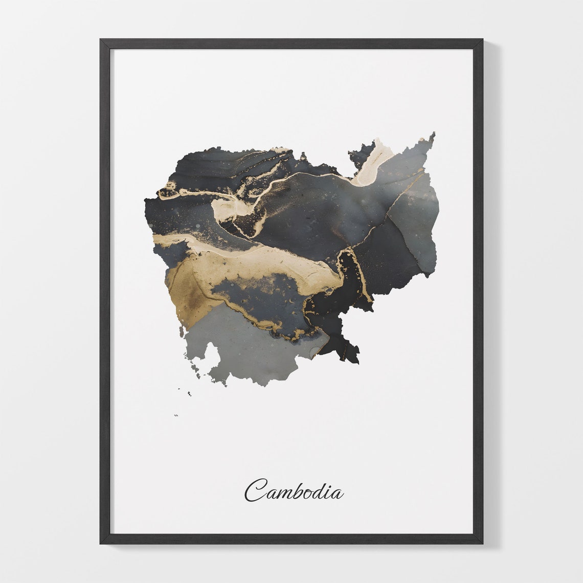 Cambodia Black and Gold Marble Silhouette Country Map Poster