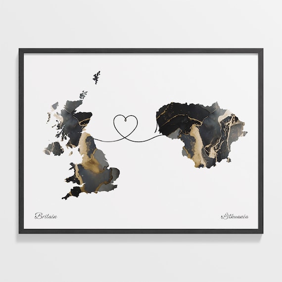Britain and Lithuania Black Gold Marble Heart Connection Map Poster