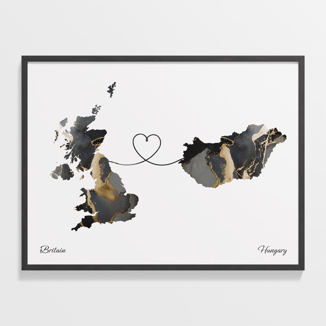 Britain To Hungary Heart Linked Marble Map Love Connection Poster