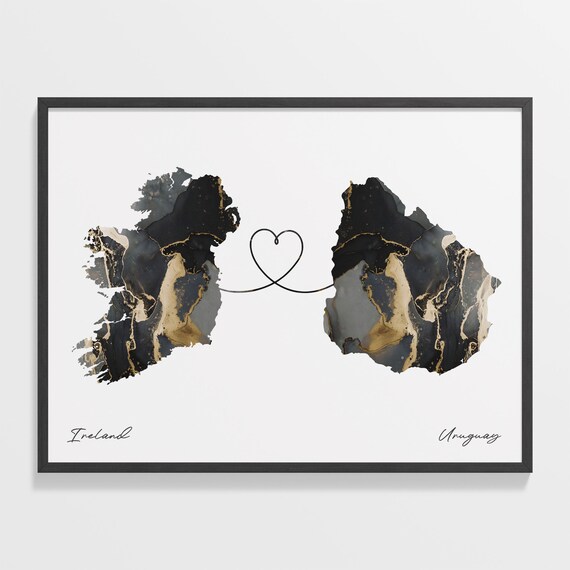 Ireland and Uruguay Black and Gold Marble Two Countries Map Poster