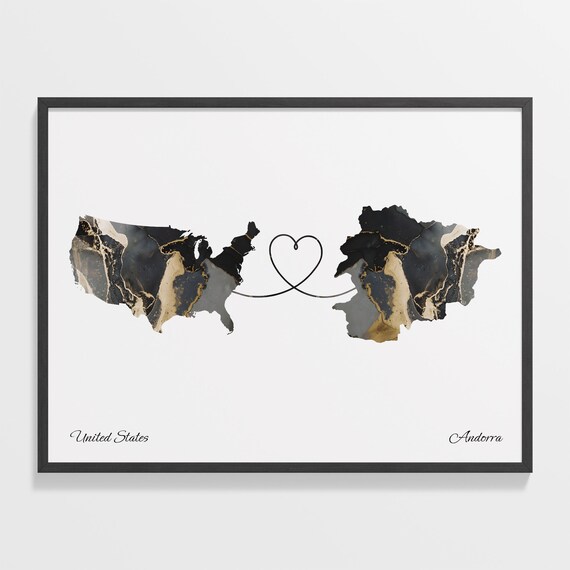 United States To Andorra Marble Heart Map Two Country Long Distance Gift Poster
