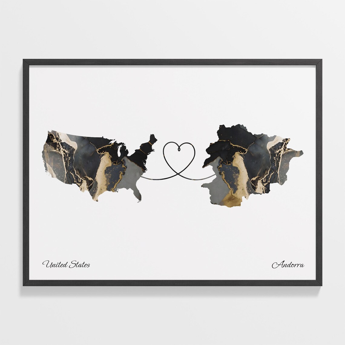United States To Andorra Marble Heart Map Two Country Long Distance Gift Poster