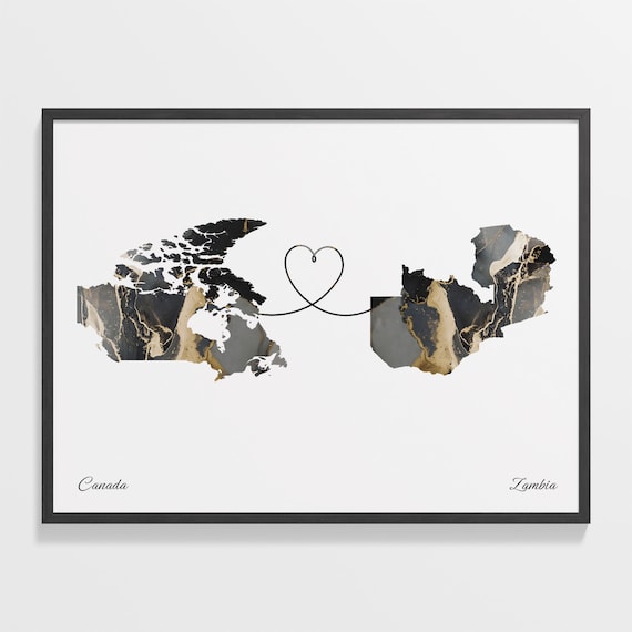 Canada and Zambia Two Countries Black Gold Marble Map Poster