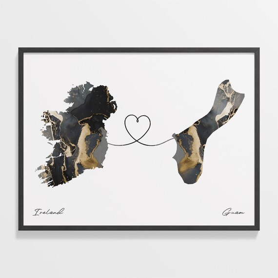 Ireland and Guam Black Gold Marble Map Heart Connection Poster