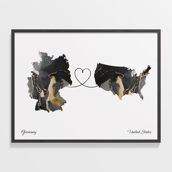 Germany To United States Black Gold Marble Long Distance Heart Map Poster