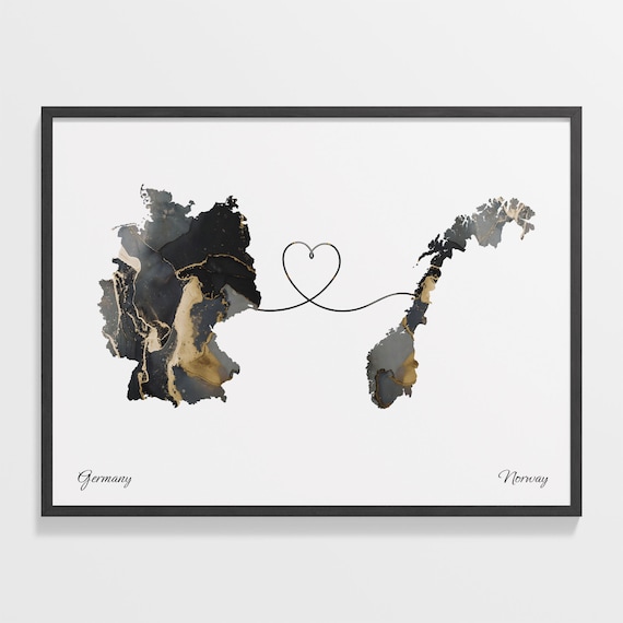 Germany Norway Black Gold Marble Map Art Heart Connection Poster