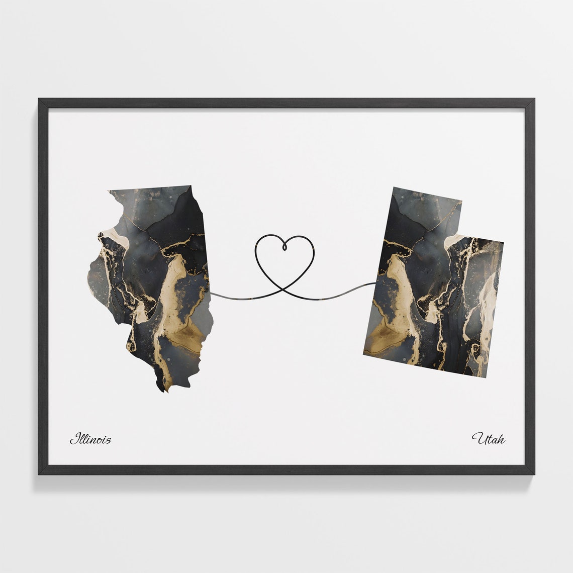 Illinois to Utah Black Gold Marble Map Heart Connection Poster