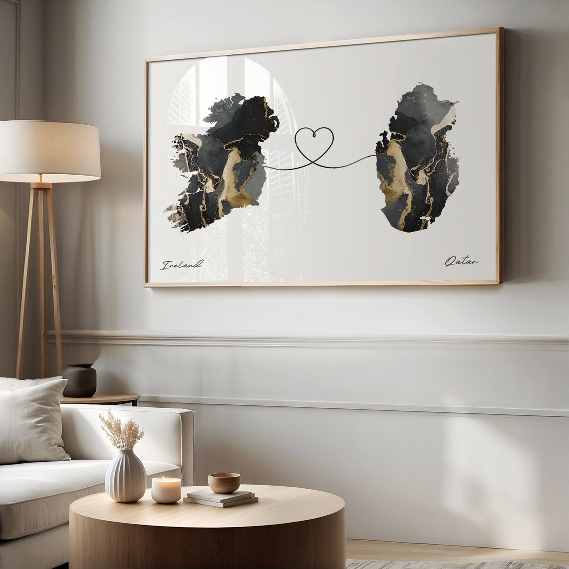 Ireland and Qatar Black and Gold Marble Two Countries Map Poster - Image 2