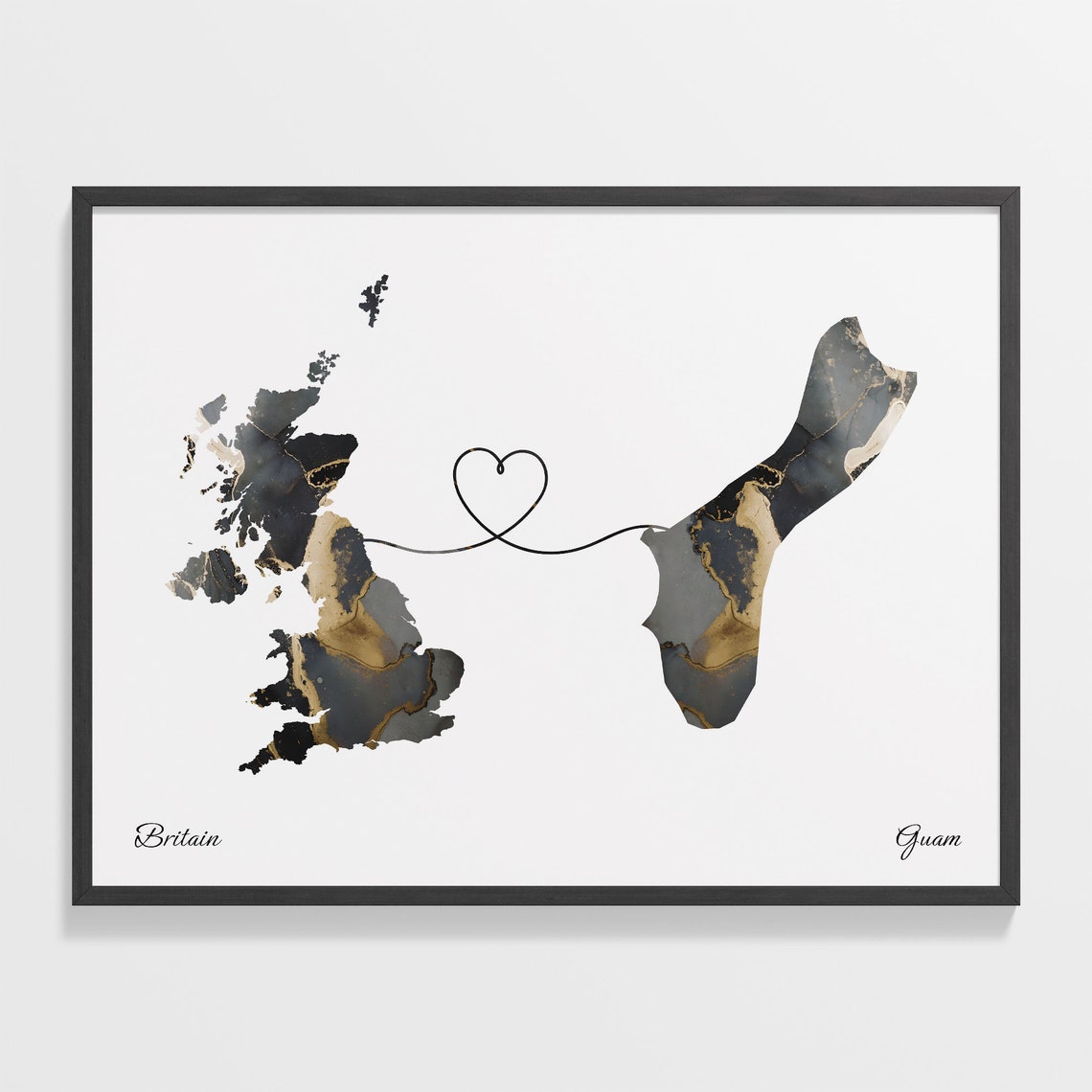 Britain to Guam Marble Heart Map Poster Long Distance Love Gift
