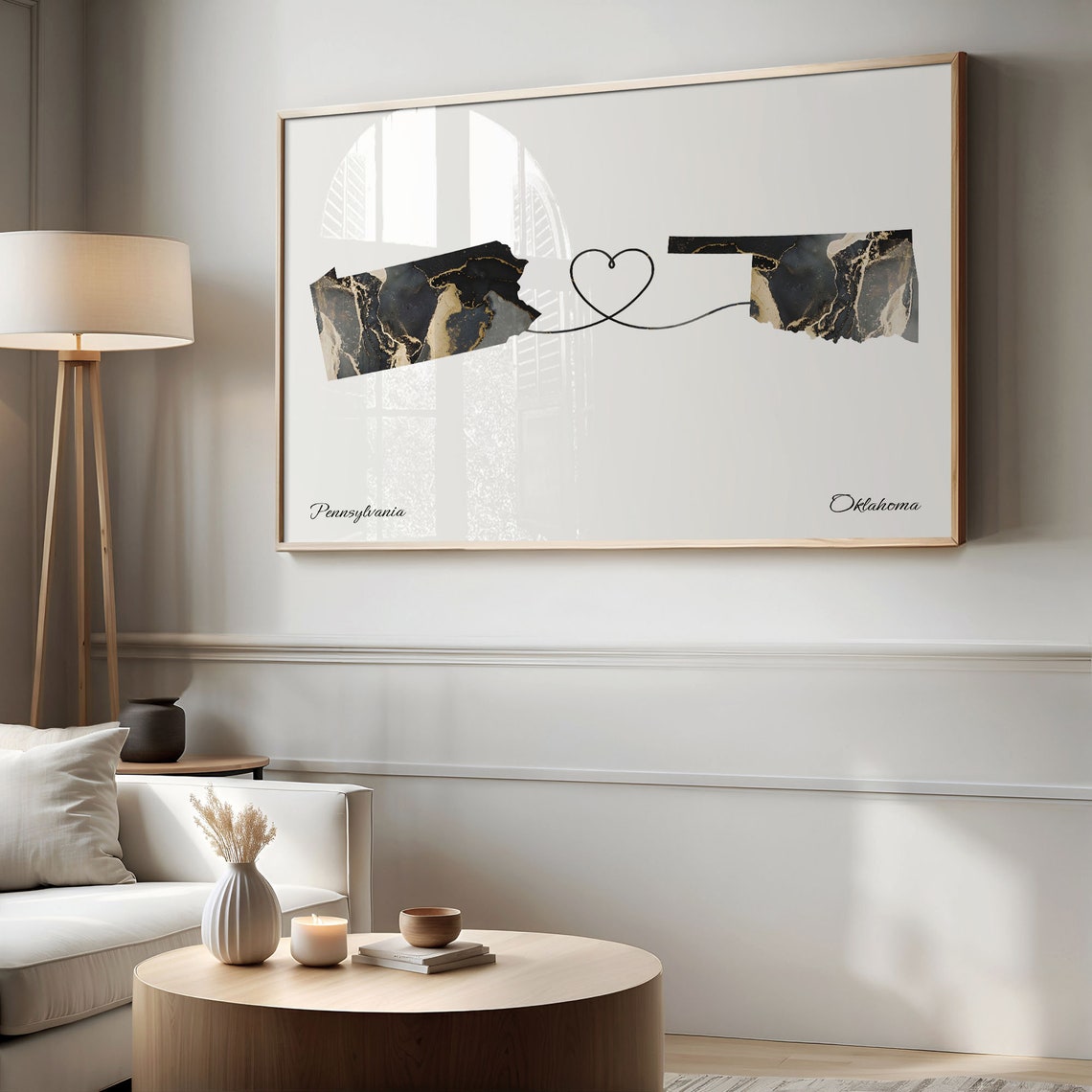 Pennsylvania to Oklahoma Long Distance Love Marble Map Art Poster - Image 2
