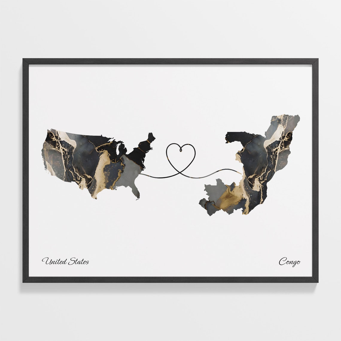 United States and Congo Marble Map Heart Long Distance Poster