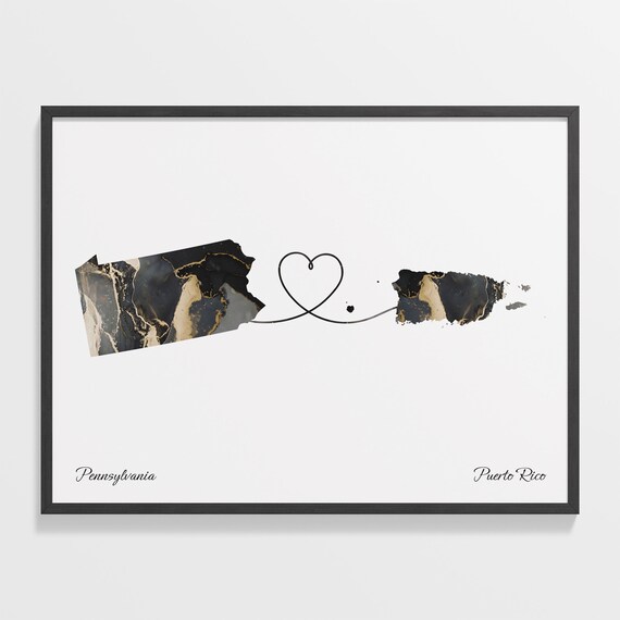 Pennsylvania to Puerto Rico Black Gold Marble Map Heart Connection Poster