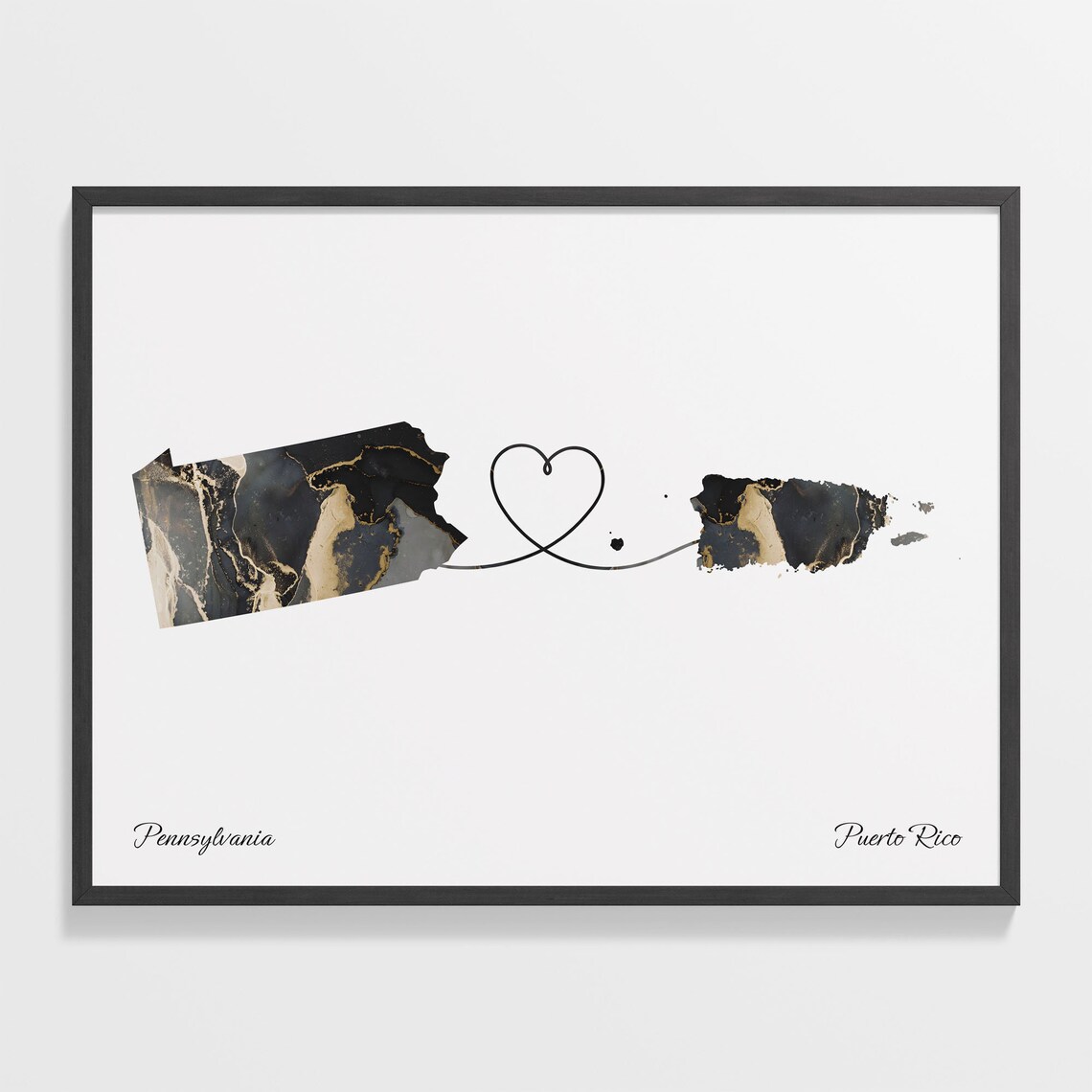 Pennsylvania to Puerto Rico Black Gold Marble Map Heart Connection Poster