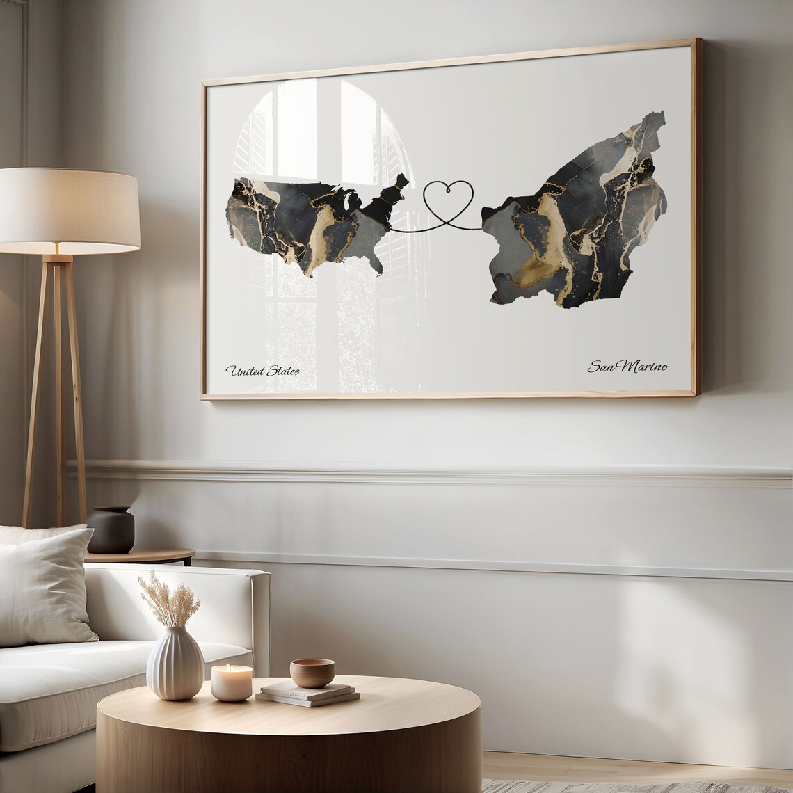 United States to San Marino Heart Connected Long Distance Marble Map Poster - Image 2