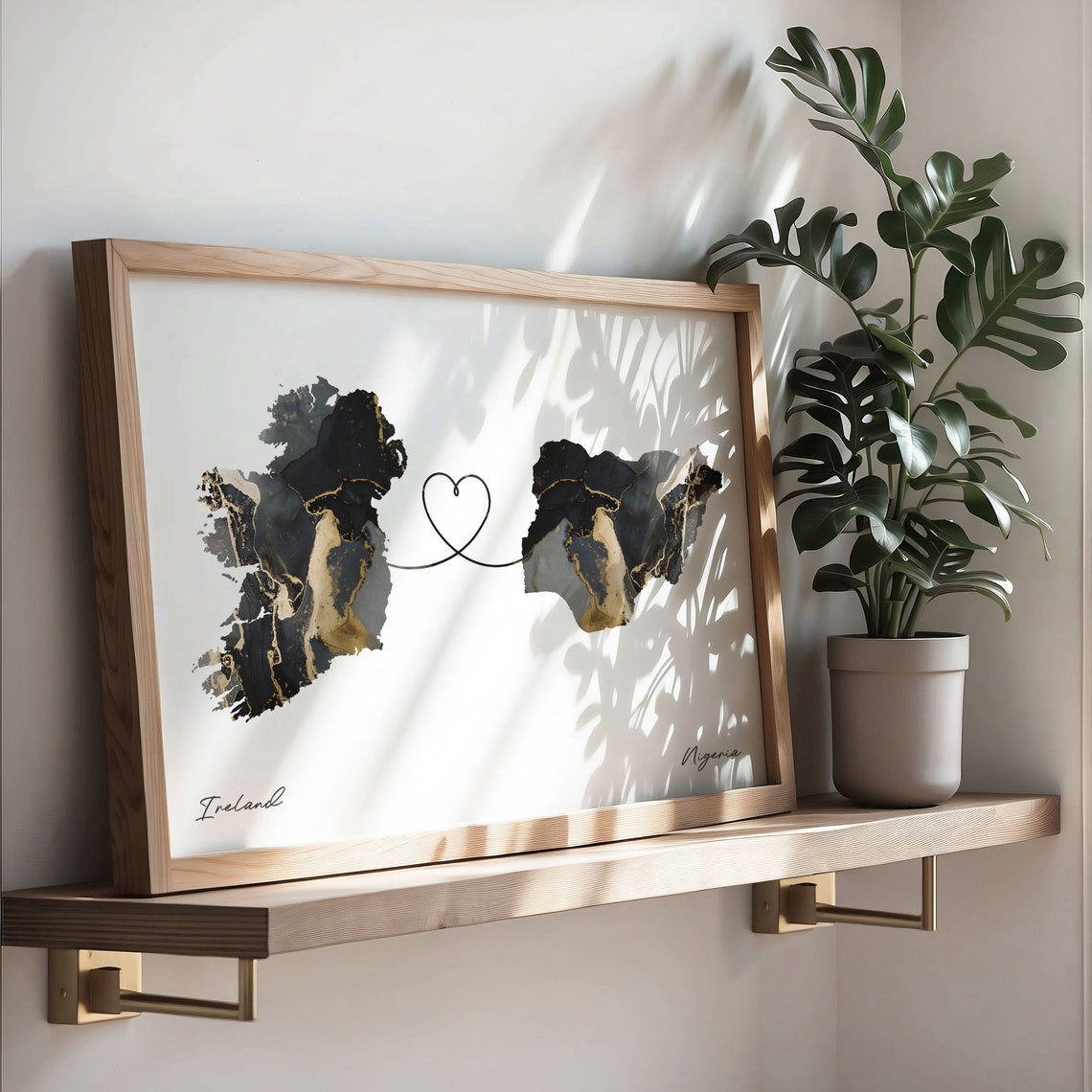Ireland and Nigeria Black and Gold Marble Heart Map Connection Poster - Image 3