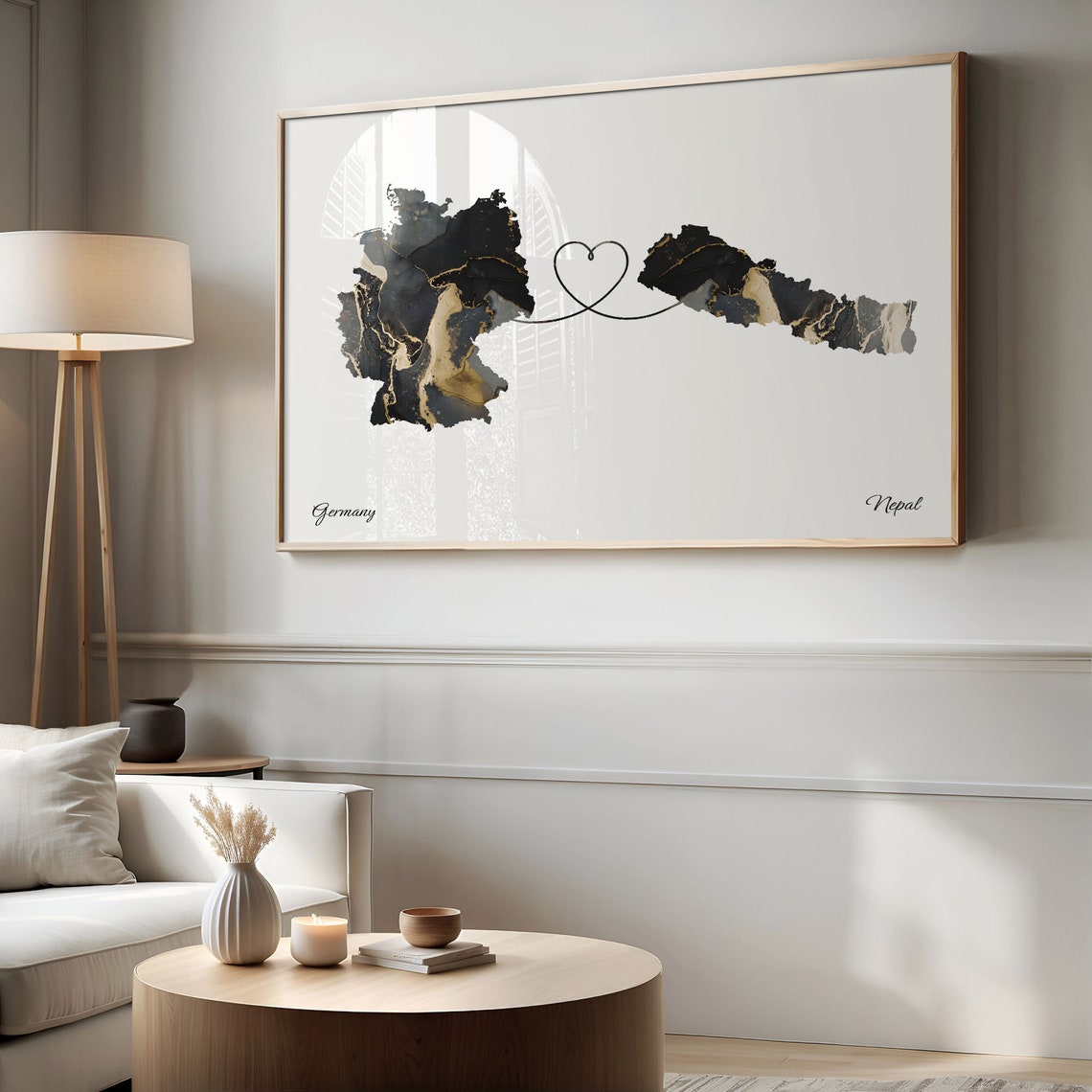 Germany to Nepal Black Gold Marble Heart Map Art Wall Poster - Image 2
