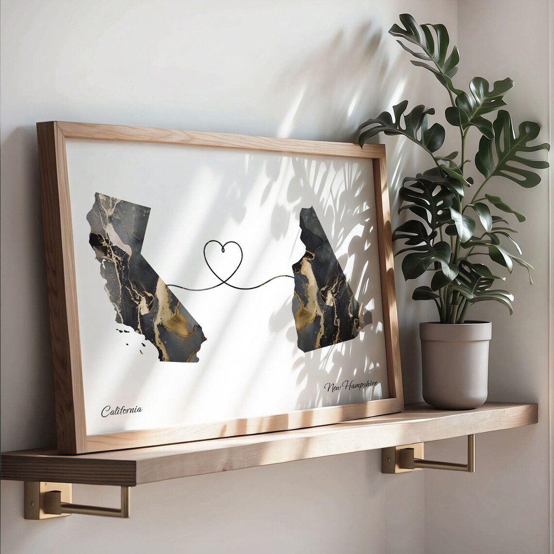 California to New Hampshire Black Gold Marble Map Heart Line Art Poster - Image 3