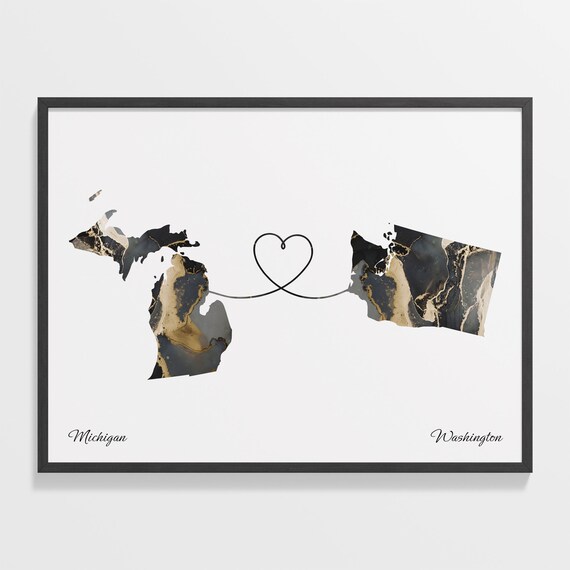 Heart Connection Michigan to Washington Black Marble Map Poster