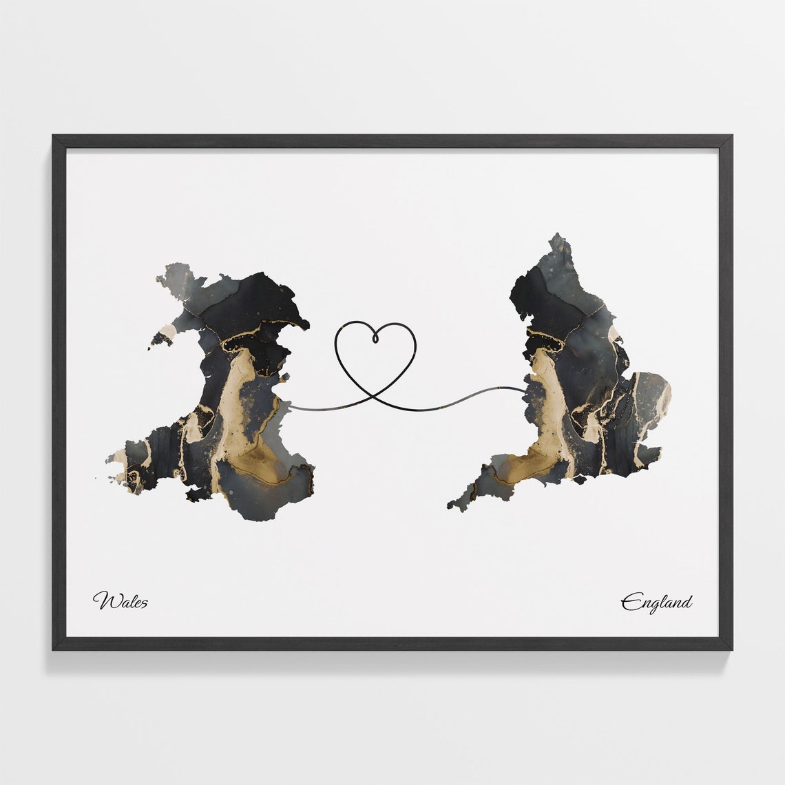 Wales to England Black Gold Marble Map Heart Connection Poster