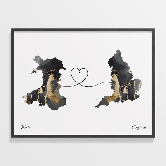 Wales to England Black Gold Marble Map Heart Connection Poster