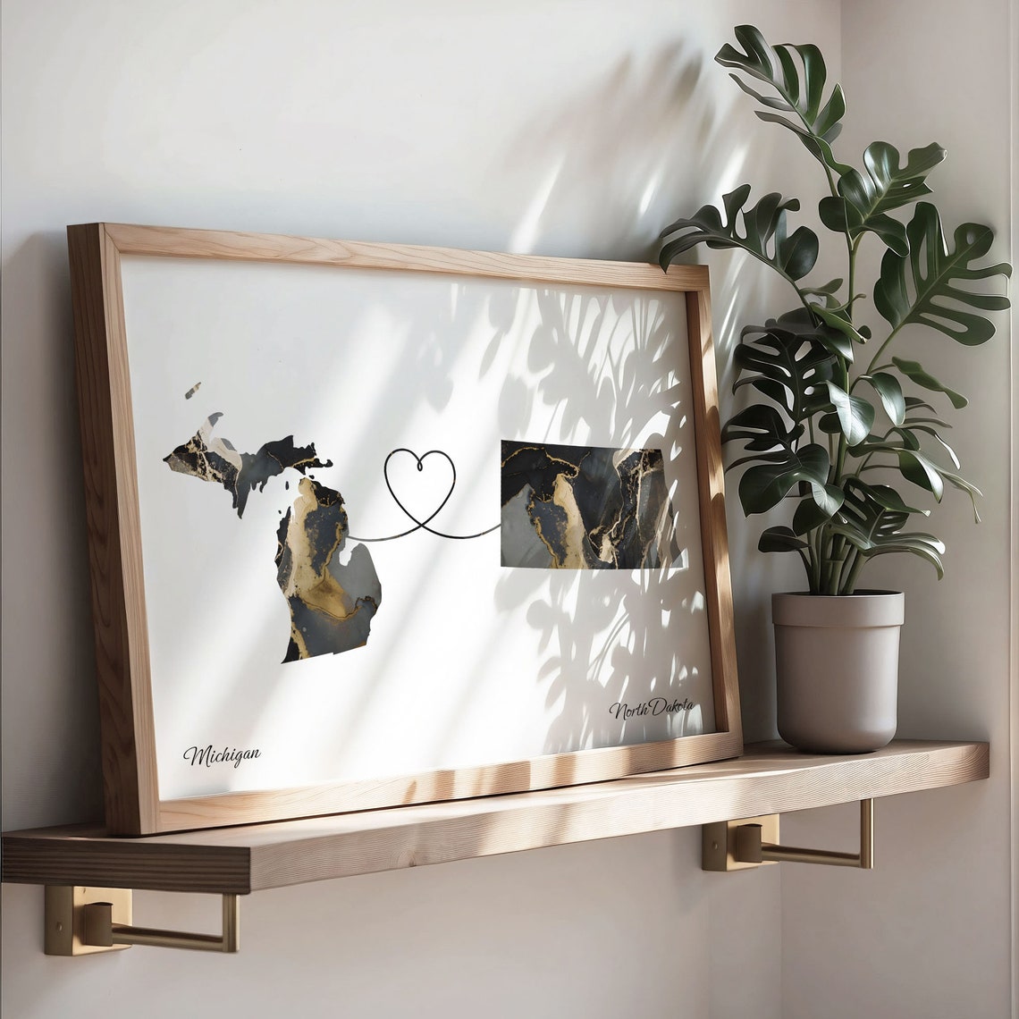 Michigan North Dakota Long Distance Love Black Gold Marble Map Poster - Image 3