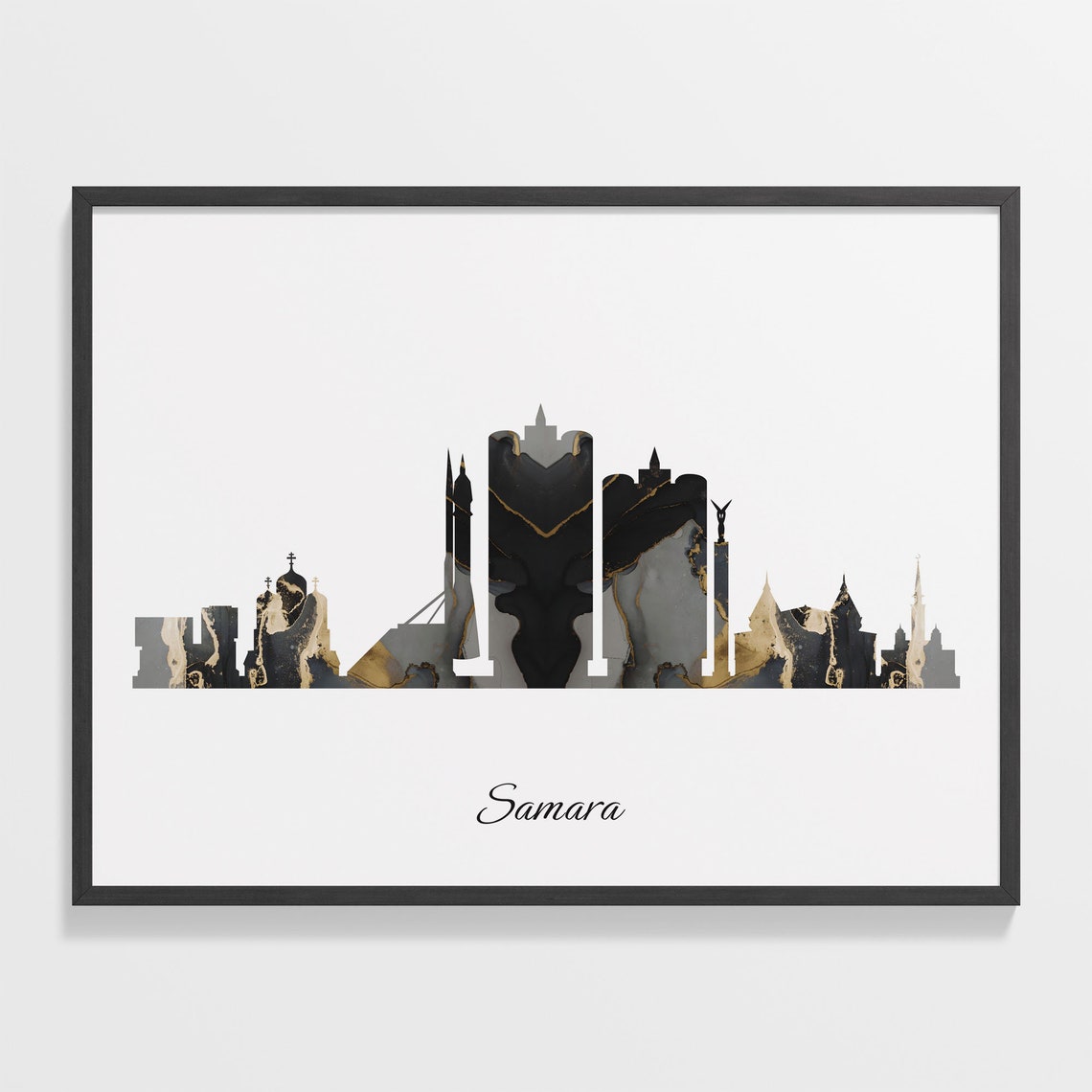 Marble Cityscape Samara Skyline Russia Black Gold Elegant Art Poster