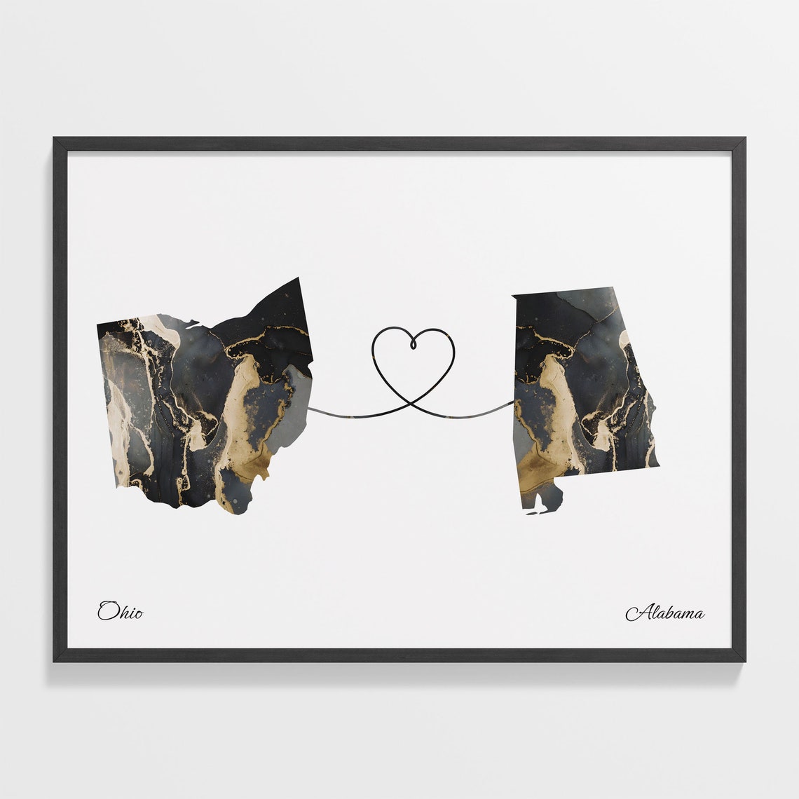 Long Distance Ohio to Alabama Heart Connection Marble Map Poster