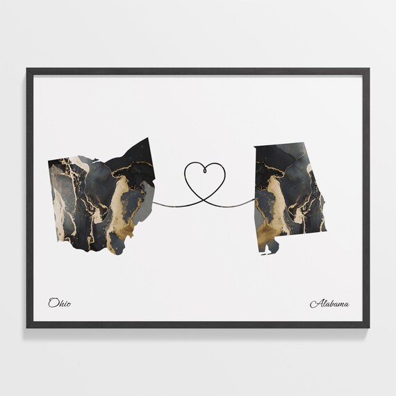 Long Distance Ohio to Alabama Heart Connection Marble Map Poster