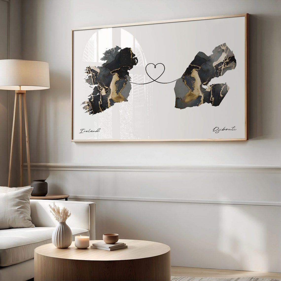 Ireland and Djibouti Black Gold Marble Map Heart Connection Poster - Image 2