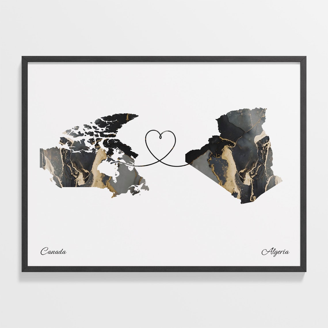 Canada to Algeria Black Gold Marble Heart Map Art Wall Poster