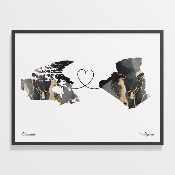 Canada to Algeria Black Gold Marble Heart Map Art Wall Poster