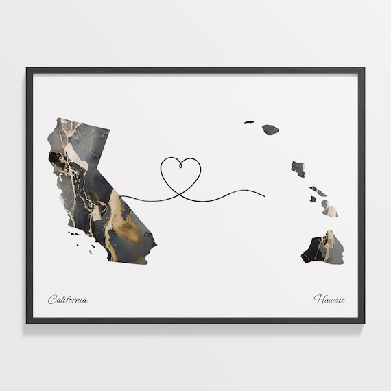 California to Hawaii Black Gold Marble Map Heart Line Art Poster