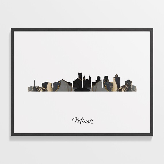 Minsk Black Marble Skyline Silhouette Poster Modern Cityscape Art