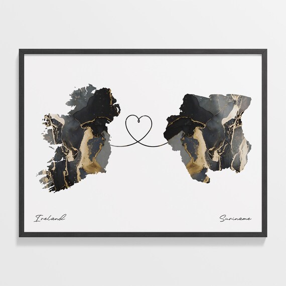 Ireland and Suriname Black and Gold Marble Two Countries Map Poster
