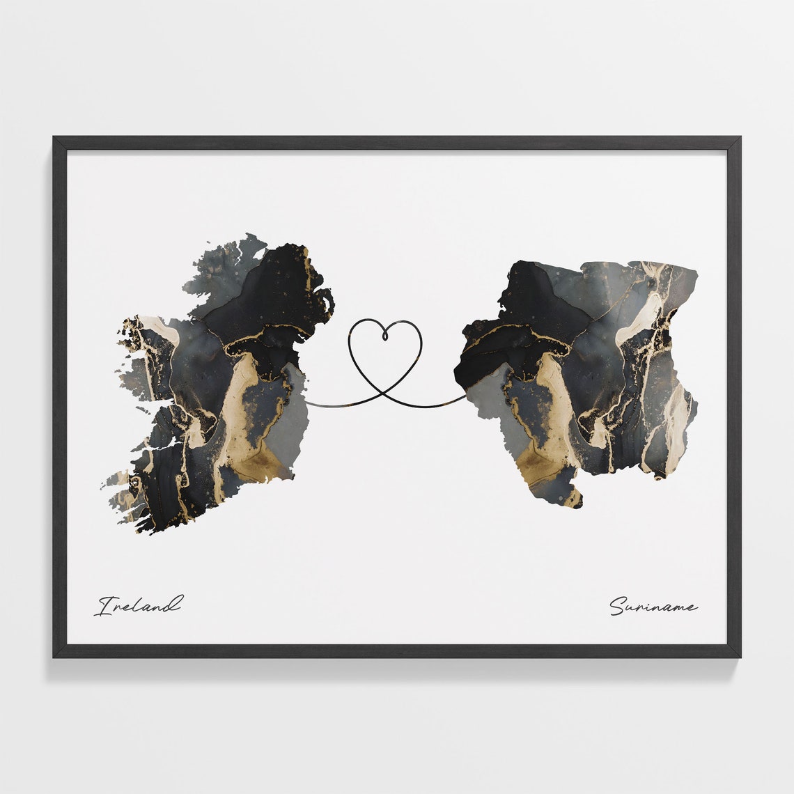 Ireland and Suriname Black and Gold Marble Two Countries Map Poster