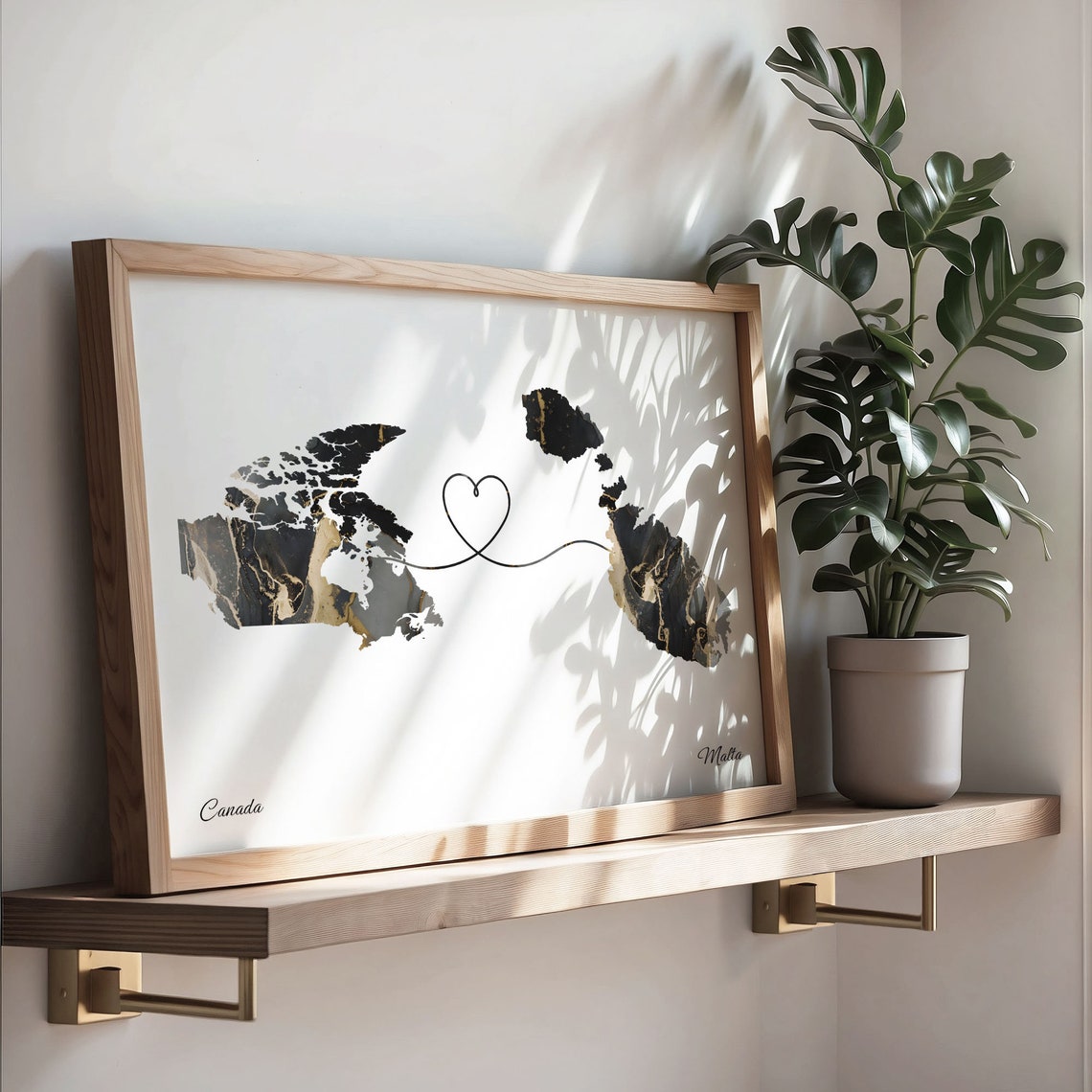 Canada Malta Long Distance Love Black Marble Heart Map Poster - Image 3