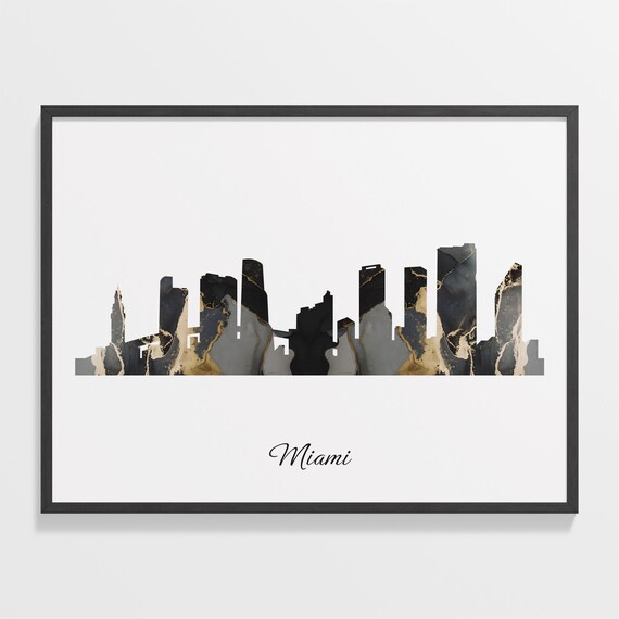 Miami USA Black Gold Marble Skyline Silhouette Cityscape Poster