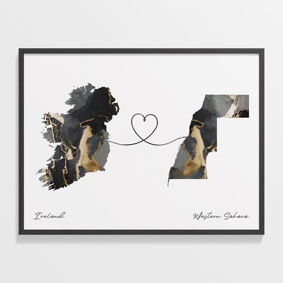 Ireland to Western Sahara Black Gold Marble Map Heart Line Art Poster