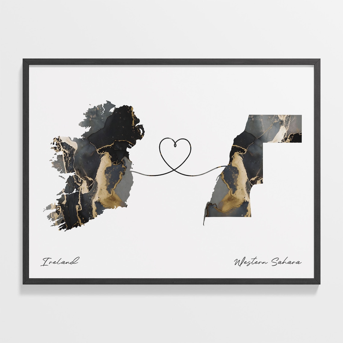 Ireland to Western Sahara Black Gold Marble Map Heart Line Art Poster