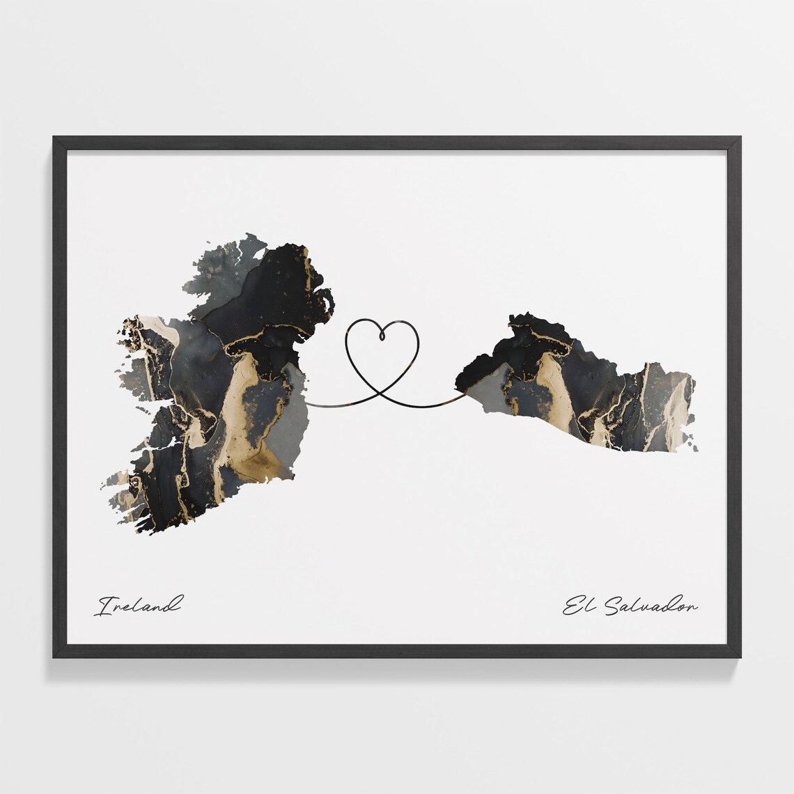 Ireland To El Salvador Heart Connected Black Marble Country Map Poster