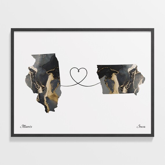 Illinois and Iowa Long Distance Gift Marble State Map Poster