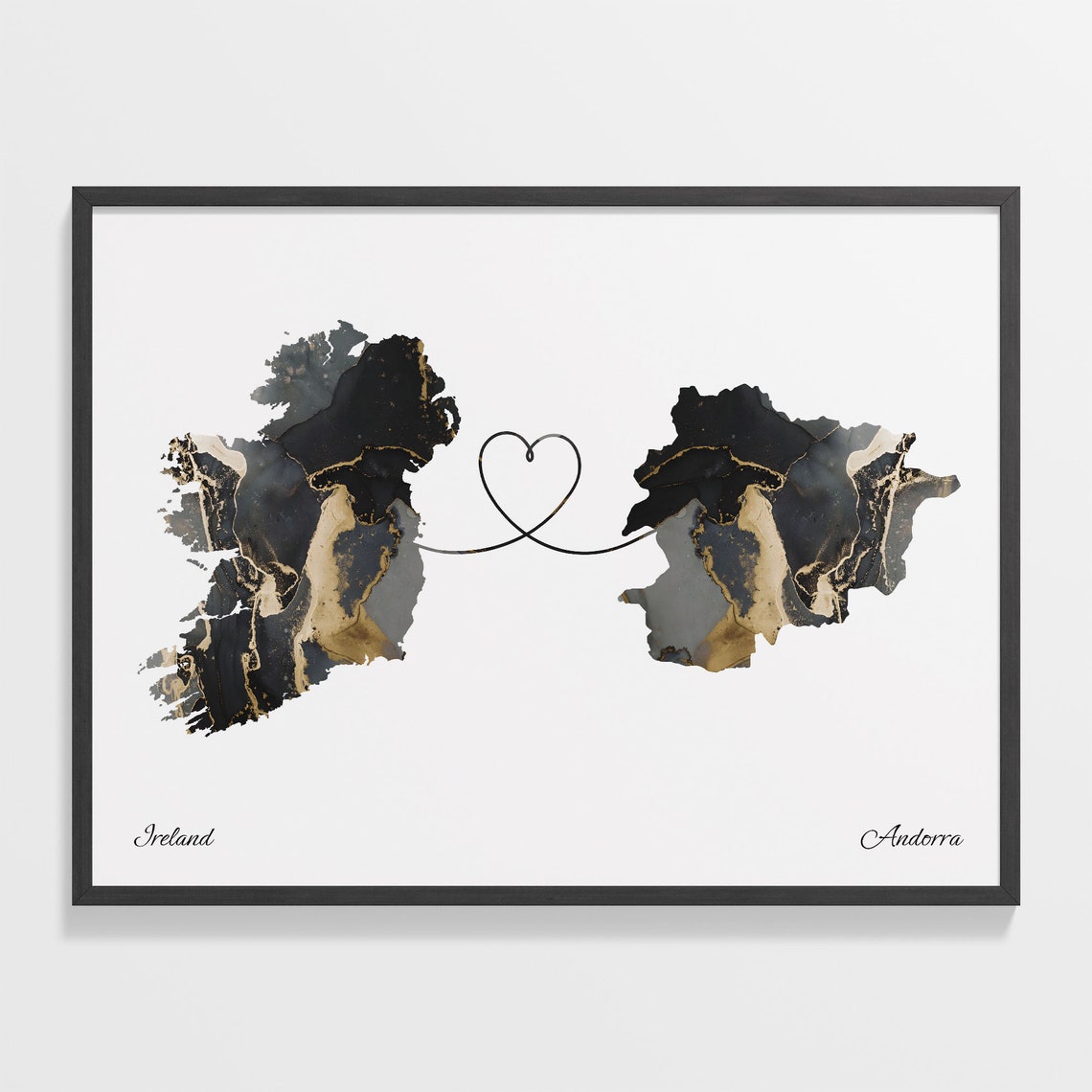 Ireland Andorra Long Distance Love Black Marble Heart Map Poster