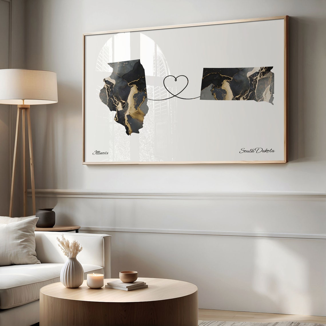 Illinois to South Dakota Black Gold Marble Map Heart Connection Poster - Image 2
