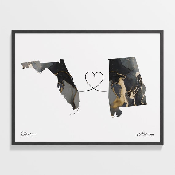 Florida to Alabama Map Poster, Travel Art