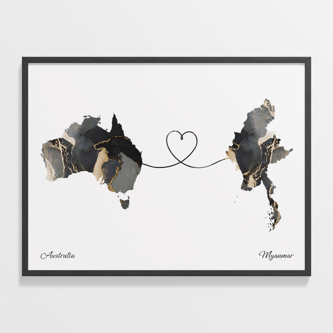 Australia and Myanmar Black Gold Marble Map Heart Connection Poster