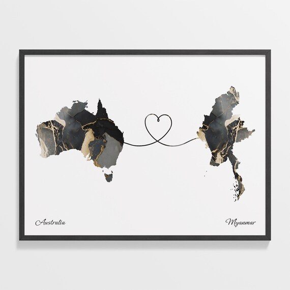 Australia and Myanmar Black Gold Marble Map Heart Connection Poster